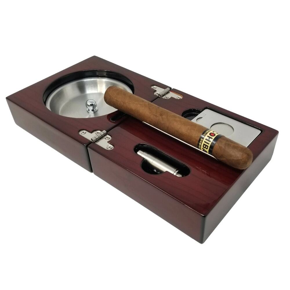 New Foldable Walnut Wood Cigar Ashtray Set Cutter Punch Stainless Steel
